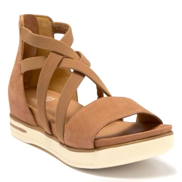 Preloved EILEEN FISHER STAR tan leather strappy zip-up wedge sandal Size 7.5 - Picture 1 of 9
